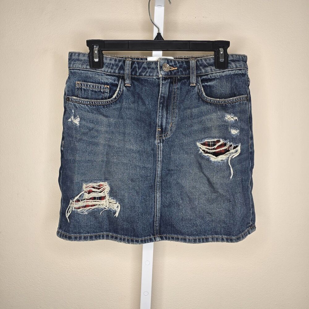 Current/Elliot Size 28 Denim Mini Skirt Distressed w/ Red Plaid Accents